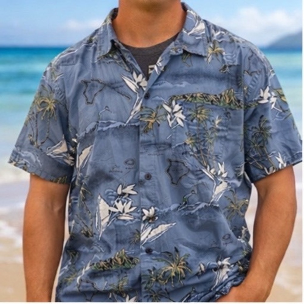 Mens Hawaiian Shirt Palmwave Palm Tree Island Graphic Button‎ Up Short Sleeve